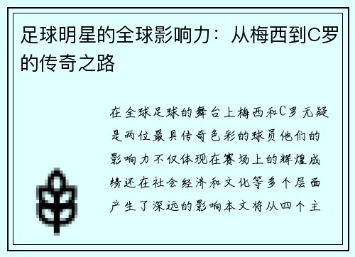 足球明星的全球影响力：从梅西到C罗的传奇之路