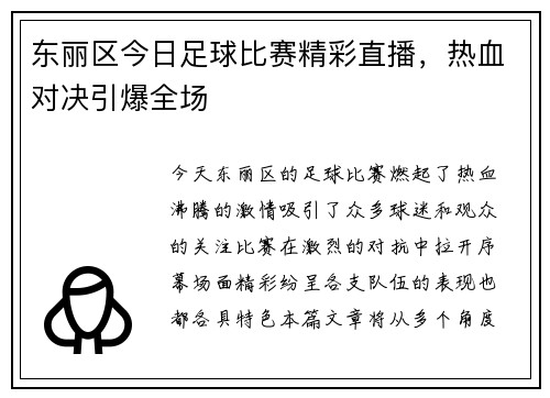 东丽区今日足球比赛精彩直播，热血对决引爆全场